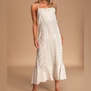 [S]Lulus Girl Power Cream Metallic Multi Striped Ruffled Maxi Dress